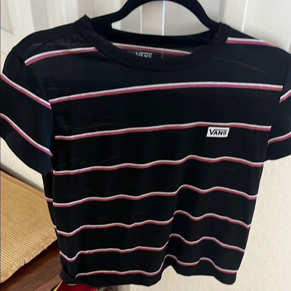 Vans Black and Pink Short Sleeve Tee with Stripes